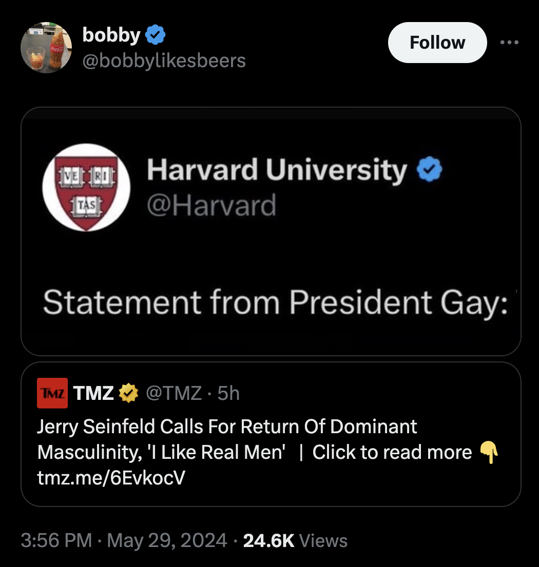 screenshot - bobby Harvard University Tas Statement from President Gay Tmz Tmz .5h Jerry Seinfeld Calls For Return Of Dominant Masculinity, 'I Real Men' | Click to read more tmz.me6EvkocV Views